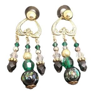 Chandelier Earrings Green 3 Rows Gold Post